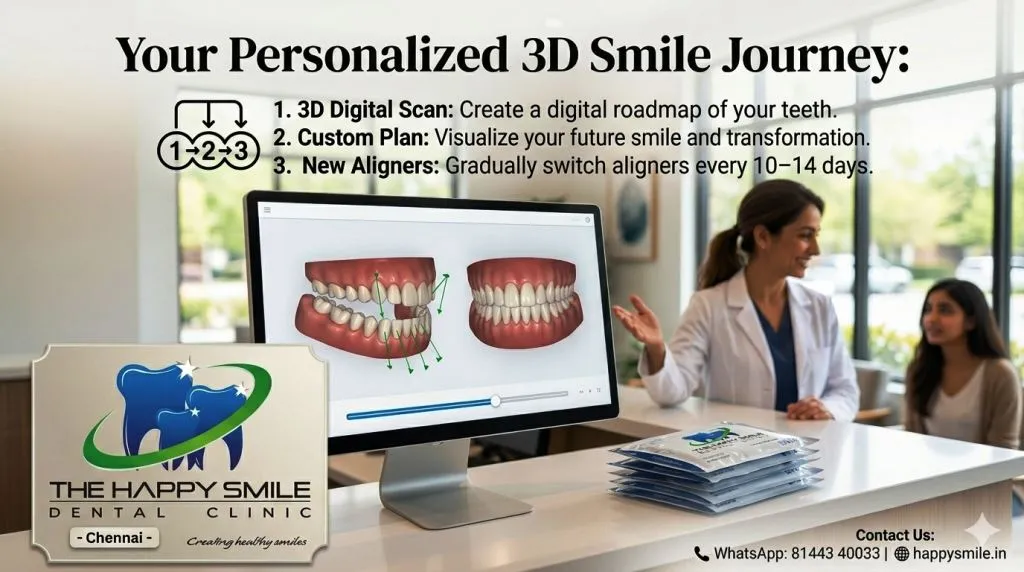 Advanced 3D digital dental scan monitor showing teeth alignment plan at The Happy Smile Clinic Chennai
